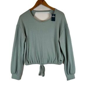 NWT Hollister Womens XS Waffle Knit Tie Front Long Sleeve Top Cutout Back‎